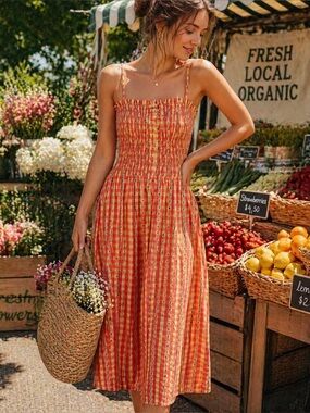 Damson Madder Cotton Smocked Midi Dress Size 12 NWT Gingham Floral Cottagecore